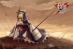 Rule 34 | 1girl, 2010, armor, armored dress, artoria pendragon (fate), bamboocm, blonde hair, blood, blood on face, blood on clothes, copyright name, dated, dual wielding, excalibur (fate/stay night), fate/stay night, fate (series), field of blades, gae bolg (fate), helmet, holding, juliet sleeves, long sleeves, polearm, puffy sleeves, saber (fate), solo, spear, weapon