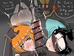 1girl 2boys atakumi10 bar_censor bisexual_male black_hair blindfold censored cum cum_in_mouth dark-skinned_male dark_skin father_(yoru_mac) husband_and_wife interracial mcdonald&#039;s mother_(yoru_mac) multiple_boys orange_hair penis testicles yaoi