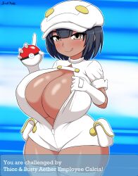 1girl absurdres aether_foundation_employee aether_foundation_employee_(cosplay) aether_foundation_employee_(female) breasts calcia_(soulkibble) cosplay creatures_(company) dark-skinned_female dark_skin english_text game_freak highres huge_breasts nintendo pokemon pokemon_sm solo soulkibble