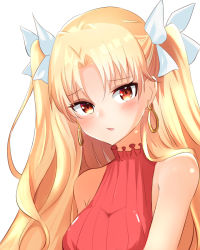 Rule 34 | 1girl, artist request, bare shoulders, blonde hair, blush, bow, breasts, earrings, ereshkigal (bitter sweet) (fate), ereshkigal (fate), fate/grand order, fate (series), hair bow, infinity symbol, jewelry, long hair, looking at viewer, medium breasts, open mouth, orange eyes, parted bangs, red shirt, shirt, simple background, sleeveless, sleeveless shirt, white background, white bow