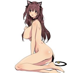 Rule 34 | 1girl, animal ears, ass, barefoot, bell, blush, breasts, brown hair, cat ears, cat tail, collar, fang, jingle bell, large breasts, long hair, making-of available, neck bell, nude, open mouth, original, q azieru, simple background, solo, tail, white background