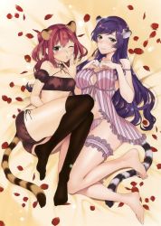Rule 34 | 2girls, animal ears, babydoll, barefoot, blush, breasts, cat ears, cat tail, detached sleeves, feet, hands on own chest, highres, jpeg artifacts, large breasts, lingerie, long hair, md5 mismatch, multiple girls, musyasabu, no shoes, petals, puffy detached sleeves, puffy sleeves, purple hair, red hair, resized, resolution mismatch, scan, source larger, tail, tiger ears, tiger tail, toes, toranoana, underwear