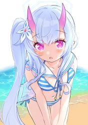 Rule 34 | absurdres, alternate costume, alternate hairstyle, beach, blue archive, blue hair, blush, breasts, chise (blue archive), chise (swimsuit) (blue archive), collarbone, commentary request, flower, hair flower, hair ornament, halo, highres, horns, long hair, miyami (sirukasiruka), navel, ocean, oni horns, open mouth, red eyes, side ponytail, small breasts