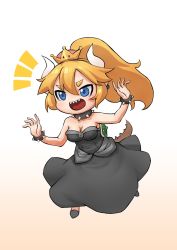 Rule 34 | 1girl, :d, bare arms, bare shoulders, black dress, blonde hair, blue eyes, bowsette, bracelet, breasts, brooch, chibi, cleavage, collar, commentary request, crown, dress, earrings, full body, gooster, gradient background, hair between eyes, hands up, high ponytail, highres, horns, jewelry, long dress, long hair, looking afar, mario (series), marker (medium), medium breasts, new super mario bros. u deluxe, nintendo, no nose, open mouth, ponytail, running, sharp teeth, sidelocks, smile, solo, spiked bracelet, spiked collar, spiked shell, spikes, strapless, strapless dress, super crown, tail, teeth, traditional media, tsurime, turtle shell, upper teeth only