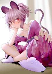 Rule 34 | 1girl, alternate costume, alternate hairstyle, animal ears, arm support, bare shoulders, collarbone, floral print, foreshortening, grey hair, highres, indian style, ishikkoro, japanese clothes, kimono, looking at viewer, mouse ears, mouse tail, nazrin, obi, off shoulder, ponytail, red eyes, sash, sitting, solo, tail, touhou