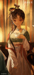 Rule 34 | 1girl, absurdres, backlighting, black eyes, black hair, bowl, breasts, chinese clothes, chinese hairpin, closed mouth, copyright name, copyright notice, green shirt, hair bun, hair ornament, hair over shoulder, hand up, hanfu, highres, holding, holding bowl, jewelry, jiu niangzi, lantern, layered sleeves, logo, long hair, long skirt, long sleeves, looking at viewer, necklace, official art, official wallpaper, paper lantern, red shawl, reverse:1999, shawl, shirt, short over long sleeves, short sleeves, single side bun, skirt, smile, solo, tassel, tassel hair ornament, underboob, upper body, white skirt, white sleeves