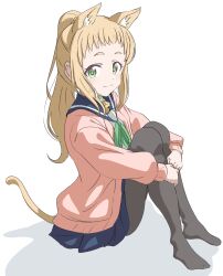 Rule 34 | 1girl, absurdres, animal ears, black pantyhose, blonde hair, blush, cat bell, cat ears, cat tail, closed mouth, dot nose, female focus, green eyes, highres, inose mai, koisuru asteroid, long hair, no shoes, pantyhose, ponytail, school uniform, simple background, sitting, smile, solo, sweater, tail, white background