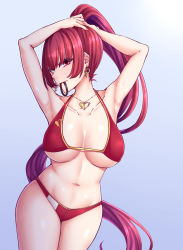 Rule 34 | 1girl, absurdres, armpits, arms up, bare shoulders, bikini, breasts, cleavage, closed mouth, cowboy shot, earrings, fang, fang out, gradient background, grey background, hair tie, heart, heart earrings, heart necklace, heterochromia, highres, hololive, houshou marine, houshou marine (summer), jewelry, large breasts, looking at viewer, mouth hold, navel, necklace, red bikini, red eyes, smile, solo, stomach, sweat, swimsuit, tying hair, underboob, virtual youtuber, yellow eyes, zellam