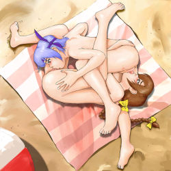 Rule 34 | 2girls, 69, anus, ass, ayane (doa), barefoot, beach, brown hair, censored, cunnilingus, dead or alive, female focus, incest, kasumi (doa), multiple girls, nude, oral, purple hair, pussy, pussy juice, sand, siblings, sisters, spread legs, tecmo, yuri