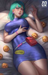 Rule 34 | 1girl, absurdres, aqua hair, bare arms, bare legs, bare shoulders, blue dress, blue eyes, blunt bangs, bracelet, breasts, bulma, dragon ball, dragon ball (classic), dragon ball (object), dress, earrings, highres, jewelry, large breasts, lips, looking at viewer, lying, nopeys, on back, parted lips, short dress, short hair, sleeveless, sleeveless dress, sleeveless turtleneck, solo, turtleneck, turtleneck dress, watermark