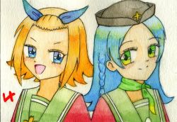 Rule 34 | 2girls, airplane ornament, blue eyes, blue hair, green eyes, multiple girls, oomiya-tan, orange hair, sailor collar, tokorozawa-tan