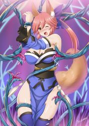 Rule 34 | 10s, 1girl, ahoge, animal ears, armpits, arms up, bare shoulders, blue thighhighs, blush, bound, bound ankles, bound torso, bow, breasts, cleavage, cleavage cutout, clothing cutout, commentary request, detached sleeves, dress, eyebrows, eyelashes, fate/extella, fate/extra, fate/extra ccc, fate/grand order, fate (series), fox ears, fox tail, grass, hair between eyes, hair bow, highres, japanese clothes, kitsune, large breasts, licking, long hair, looking at viewer, midriff, no bra, nose blush, obi, one eye closed, open mouth, orange eyes, pelvic curtain, pink hair, ponytail, purple background, purple bow, restrained, saliva, saliva trail, sash, scared, signature, simple background, solo, standing, tail, tamamo (fate), tamamo no mae (fate/extra), tears, tentacles, the-sinner, thighhighs, tongue, torn clothes, wide hips, wide sleeves