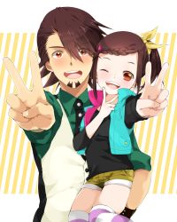 Rule 34 | 10s, 1boy, 1girl, ;d, age difference, bad id, bad pixiv id, braid, braided bangs, brown eyes, brown hair, facial hair, father and daughter, hair ornament, hairclip, hanata, highres, kaburagi kaede, kaburagi t. kotetsu, necktie, one eye closed, open mouth, short hair, shorts, side ponytail, smile, striped clothes, striped thighhighs, stubble, thighhighs, tiger &amp; bunny, v, vest, waistcoat, wink