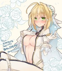 Rule 34 | 10s, 1girl, ahoge, blonde hair, blush, bodysuit, breasts, bridal veil, chain, cleavage, fate/extra, fate/extra ccc, fate (series), flower, gloves, green eyes, highres, large breasts, looking at viewer, mom 29 mom, navel, nero claudius (bride) (fate), nero claudius (fate), nero claudius (fate), open clothes, rose, sitting, smile, solo, veil, white gloves