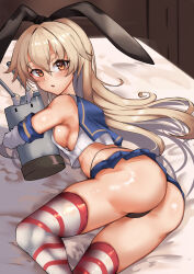 Rule 34 | 1girl, animal ears, ass, blonde hair, blue sailor collar, breasts, brown eyes, gloves, highres, hug, hugging object, kantai collection, long hair, looking back, lying, medium breasts, miniskirt, nestleo, no panties, pillow, rabbit ears, red thighhighs, rensouhou-chan, sailor collar, shimakaze (kancolle), skirt, solo, thighhighs, white gloves