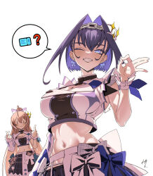 Rule 34 | 2girls, ahoge, arm up, asymmetrical clothes, asymmetrical sleeves, black skirt, blue bow, blue eyes, blue hair, blush, bow, breasts, brown bow, brown hair, buttons, censored, censored gesture, chain, chain headband, cleavage cutout, clothing cutout, crop top, double-breasted, earrings, frills, green bow, hair intakes, hair ornament, hair ribbon, head chain, highres, hololive, hololive english, hololive idol uniform (bright), idol, idol clothes, jewelry, large breasts, long hair, long sleeves, looking at viewer, middle finger, midriff, mosaic censoring, multicolored hair, multiple girls, nanashi mumei, navel, ok sign, one eye closed, ouro kronii, plaid, plaid skirt, pleated skirt, ribbon, shirt, short hair, signature, simple background, skirt, sleeveless, smile, speech bubble, taka t, teeth, two-tone hair, very long hair, virtual youtuber, white background, white bow, white skirt
