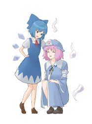 Rule 34 | 2girls, :d, absurdres, blue bow, blue dress, blue eyes, blue hair, blue headwear, blue kimono, bow, brown footwear, cirno, closed eyes, dress, full body, ghost, hair bow, highres, ice, ice wings, japanese clothes, kimono, long sleeves, looking at another, mori dobonua (mordvna), multiple girls, open mouth, pinafore dress, pink hair, saigyouji yuyuko, short hair, short sleeves, simple background, sitting, sleeveless dress, smile, standing, touhou, triangular headpiece, white background, wide sleeves, wings