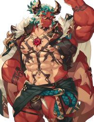 Rule 34 | 1boy, abs, absurdres, another eidos-r, atmos (another eidos), bara, blue hair, chest jewel, dragon boy, dragon horns, dragon tail, dragon wings, fang, fang out, furry, furry male, gem, hand on own hip, hand up, highres, horns, male focus, muscular, muscular male, navel, pectorals, ponytail, red eyes, red gemstone, tail, tattoo, white background, wings, yed (yedsilent)