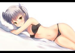 Rule 34 | 10s, 1girl, amatsukaze (kancolle), arm up, bare arms, bare legs, bare shoulders, bed sheet, black bra, black panties, blush, bow, bow bra, bow panties, bra, breasts, closed mouth, gluteal fold, groin, hair between eyes, kantai collection, letterboxed, long hair, looking at viewer, lying, navel, hugging object, on bed, on side, panties, pillow, pillow hug, red bow, silver hair, simple background, small breasts, solo, stomach, sunsuke, thigh gap, two side up, underwear, underwear only, wavy mouth, white background, yellow eyes