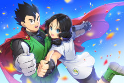 Rule 34 | 1boy, 1girl, bad id, bad pixiv id, bike shorts, black eyes, black gloves, black hair, blue eyes, blue sky, blurry, boots, cape, confetti, depth of field, dougi, dragon ball, dragonball z, eyelashes, fingerless gloves, floating hair, gloves, great saiyaman, green footwear, holding hands, interlocked fingers, leg up, libeuo (liveolivel), light particles, looking at viewer, looking up, open mouth, outdoors, own hands together, shirt, short sleeves, sky, smile, son gohan, teeth, thumbs up, twintails, upper teeth only, videl, white gloves, white shirt