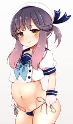 Rule 34 | belly, blue neckerchief, blue panties, blue ribbon, blue sailor collar, commentary request, gloves, gradient hair, hat, kantai collection, multicolored hair, neckerchief, orange hair, panties, purple eyes, purple hair, ribbon, sailor collar, sailor hat, sawamura aoi, short hair, short hair with long locks, side-tie panties, sidelocks, simple background, solo, tsushima (kancolle), underwear, white background, white gloves, white hat