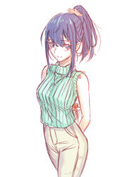 Rule 34 | 1girl, aged up, black hair, blue eyes, box, gift, gridman universe, gridman universe (film), hair ornament, kuroda asaki, long hair, looking at viewer, pants, ponytail, simple background, sleeveless, sleeveless turtleneck, solo, sweater, takarada rikka, thighs, turtleneck, turtleneck sweater