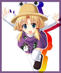 Rule 34 | 1girl, blonde hair, blue eyes, blush, female focus, frog, gradient background, hat, kinagi yuu, leaning forward, moriya suwako, open mouth, outstretched arms, short hair, solo, spread arms, thighhighs, touhou, white background, white thighhighs