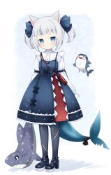 Rule 34 | 1girl, absurdres, animal ears, armband, bag, black footwear, black pantyhose, bloop (gawr gura), blue bow, blue eyes, blue hair, blue skirt, blunt bangs, blush, blush stickers, bow, cat ears, cat girl, closed mouth, cocozasa, commentary request, dragging, dress, fins, fish tail, frilled shirt, frills, full body, gawr gura, gawr gura (casual), gothic lolita, hair bow, handbag, heart, highres, holding, holding stuffed toy, hololive, hololive english, lolita fashion, long sleeves, looking at viewer, maid headdress, multicolored hair, open mouth, pantyhose, pinafore dress, red skirt, shadow, shark girl, shark tail, sharp teeth, shirt, shoes, short hair, skirt, sleeveless, sleeveless dress, standing, streaked hair, stuffed animal, stuffed shark, stuffed toy, tail, tail bow, tail ornament, teeth, two side up, virtual youtuber, waist bow, white hair, white shirt
