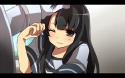Rule 34 | 10s, 1girl, admiral (kancolle), anime coloring, bad id, bad pixiv id, black eyes, black hair, hatsuyuki (kancolle), head pat, kantai collection, letterboxed, long hair, one eye closed, headpat, sakura (lilak a), solo focus, wavy mouth, wink