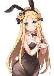 Rule 34 | 1girl, abigail williams (fate), aged up, animal ears, bare shoulders, black bow, black bowtie, black hairband, blonde hair, blue eyes, blush, bow, bowtie, brown leotard, brown pantyhose, closed mouth, collar, detached collar, fake animal ears, fate/grand order, fate (series), forehead, hair bow, hairband, leotard, long hair, looking at viewer, orange bow, pantyhose, parted bangs, playboy bunny, polka dot, polka dot bow, rabbit ears, rabbit tail, simple background, smile, solo, strapless, strapless leotard, tail, very long hair, white background, white collar, wrist cuffs, xiao feng (1023032145)