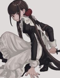 Rule 34 | 1girl, alternate costume, apron, bad id, bad pixiv id, black dress, black footwear, black hair, blunt bangs, closed mouth, commentary request, danganronpa (series), danganronpa v3: killing harmony, dress, enmaided, frills, grey background, hair ornament, harukawa maki, holding, juliet sleeves, long hair, long sleeves, looking at viewer, low twintails, maid, maid apron, puffy sleeves, red eyes, renshu usodayo, shoes, sidelocks, simple background, sketch, solo, twintails, very long hair, weapon, white apron