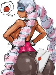 Rule 34 | 1girl, arms (game), artist request, ass, ass focus, bare shoulders, between buttocks, breasts, confused, dark-skinned female, dark skin, denim, female focus, hands on own hips, huge ass, jeans, large breasts, letter, long hair, mask, multicolored hair, nintendo, pants, pink hair, sad, shiny clothes, shiny skin, skin tight, solo, solo focus, super smash bros., super smash bros. logo, twintails, twintelle (arms), two-tone hair, very long hair, white hair