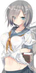 Rule 34 | 10s, 1girl, blue eyes, breasts, clothes lift, covered erect nipples, eyes visible through hair, gloves, grey hair, groin, hair ornament, hair over one eye, hairclip, hamakaze (kancolle), highres, kantai collection, large breasts, looking at viewer, machinery, midriff, nao (qqqbb), navel, neckerchief, pleated skirt, school uniform, see-through, serafuku, shirt, shirt lift, short hair, skirt, solo, wet, wet clothes, wet shirt, white gloves