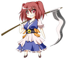 Rule 34 | 1girl, campbell (pixiv), campbell gichou, chibi, female focus, full body, grin, highres, onozuka komachi, red eyes, red hair, scythe, simple background, smile, solo, touhou, white background