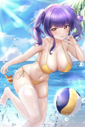 Rule 34 | 1girl, absurdres, animal, azur lane, ball, bare shoulders, beach, beachball, bent over, bikini, blue sky, breasts, cleavage, cloud, cloudy sky, collarbone, commentary request, hair between eyes, highres, holding, holding animal, horizon, jyu-so, large breasts, long hair, looking away, midriff, navel, ocean, official alternate costume, pola (azur lane), pola (seaside coincidence) (azur lane), purple hair, red eyes, sidelocks, sky, solo, spaghetti strap, starfish, sunlight, swimsuit, thighhighs, twintails, water drop, wet, wet clothes, white thighhighs, yellow bikini