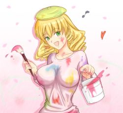 Rule 34 | 1girl, art brush, beret, blonde hair, breasts, drill hair, green eyes, hat, heart, large breasts, musical note, paint, paint can, paint stains, paintbrush, quaver, solo