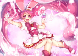 Rule 34 | 10s, 1girl, :d, animal ears, bow, cake hair ornament, choker, corset, cure whip, dress, earrings, extra ears, feathers, food, food-themed hair ornament, fruit, full body, gloves, hair ornament, happy, jewelry, kirakira precure a la mode, long hair, looking at viewer, magical girl, md5 mismatch, open mouth, pink background, pink bow, pink choker, pink eyes, pink footwear, pink hair, pink theme, pom pom (clothes), pom pom earrings, precure, puffy sleeves, rabbit ears, resolution mismatch, satou (kuso-neet), shoes, smile, solo, source smaller, strawberry, twintails, usami ichika, white dress, white gloves