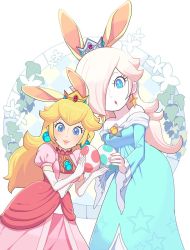 Rule 34 | 2girls, animal ears, bare shoulders, blonde hair, blue dress, blue eyes, blush, breasts, closed mouth, collarbone, crown, dress, earrings, easter, egg, elbow gloves, female focus, gem, gloves, hair over one eye, hands up, happy, highres, holding, hoshikuzu pan, jewelry, jpeg artifacts, long hair, long sleeves, looking at viewer, mario (series), multiple girls, nintendo, off shoulder, open mouth, princess peach, puffy short sleeves, puffy sleeves, rabbit ears, rosalina, short sleeves, small breasts, smile, standing, star (symbol), star print, super mario bros. 1, super mario galaxy, white gloves