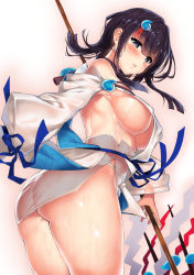 Rule 34 | 1girl, ass, bare shoulders, black hair, blue eyes, blue ribbon, blush, breasts, dress, fate/grand order, fate/requiem, fate (series), fundoshi, highres, japanese clothes, jewelry, kawai (purplrpouni), large breasts, long sleeves, looking at viewer, magatama, magatama hair ornament, medium hair, multicolored hair, necklace, parted lips, pelvic curtain, pink hair, polearm, puffy long sleeves, puffy sleeves, ribbon, seigaiha, short dress, sideboob, sideless outfit, spear, streaked hair, thighs, utsumi erice, weapon, wet, wet clothes, white dress