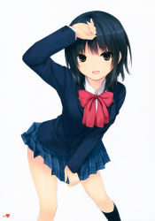 Rule 34 | 1girl, :d, absurdres, aoyama sumika, black hair, black socks, blazer, bow, bowtie, brown eyes, coffee-kizoku, highres, jacket, long sleeves, looking at viewer, open mouth, original, red bow, red bowtie, school uniform, short hair, simple background, skirt, smile, socks, solo, sweater vest, white background