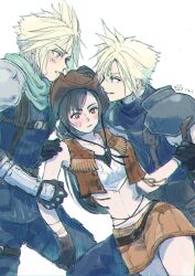 Rule 34 | 1girl, 2girls, aged down, armor, bare shoulders, belt, belt buckle, black gloves, black hair, blonde hair, blue eyes, blue jacket, blue pants, blush, breasts, brown headwear, brown skirt, brown vest, buckle, closed mouth, cloud strife, collarbone, commentary request, cowboy hat, cowboy shot, crop top, dual persona, feet out of frame, final fantasy, final fantasy vii, final fantasy vii rebirth, final fantasy vii remake, gloves, green scarf, hand on another&#039;s head, hand on another&#039;s shoulder, hat, highres, holding another&#039;s arm, holding another&#039;s wrist, jacket, long hair, looking at another, medium breasts, midriff, multiple girls, navel, ninnin5tora, official alternate costume, pants, parted lips, red eyes, ribbed sweater, scarf, shinra infantry, shinra infantry uniform, short hair, shoulder armor, skirt, sleeveless, sleeveless turtleneck, spiked hair, sweatdrop, sweater, swept bangs, tifa lockhart, tifa lockhart (cowgirl), turtleneck, turtleneck sweater, vest, white background