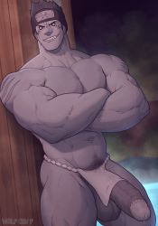 Rule 34 | 1boy, abs, artist name, bara, biceps, black hair, blue skin, blurry, blurry background, colored skin, crossed arms, f con, feet out of frame, fundoshi, headband, highres, hoshigaki kisame, huge penis, japanese clothes, large pectorals, looking at viewer, male focus, male underwear, manly, mature male, naruto, naruto (series), naruto shippuuden, no pants, onsen, pectorals, penis, precum, pubic hair, scar, sharp teeth, short hair, signature, smirk, solo, spiked hair, steam, teeth, testicles, thick arms, thick eyebrows, thick thighs, thighs, topless male, uncensored, underwear, water, wood