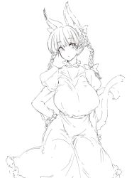 Rule 34 | 1girl, animal ears, bow, braid, breasts, cat ears, cat tail, dress, extra ears, greyscale, hair bow, highres, juliet sleeves, kaenbyou rin, large breasts, long hair, long sleeves, looking at viewer, monochrome, monyomoke, multiple tails, pointy ears, puffy sleeves, sketch, solo, tail, touhou, twin braids