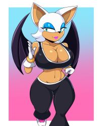 Rule 34 | 1girl, absurdres, bat wings, breasts, cleavage, curvy, highres, iggybomb, large breasts, legs, lipstick, makeup, midriff, navel, pants, pink lips, rouge the bat, sega, smile, solo, sonic (series), sports bra, sportswear, thick thighs, thighs, toned, track pants, wide hips, wings