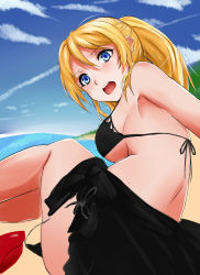 Rule 34 | 10s, 1girl, absurdres, ayase eli, bare shoulders, beach, bikini, blonde hair, blue eyes, blush, breasts, chikkinage nage, cloud, day, highres, large breasts, long hair, love live!, love live! school idol project, open mouth, outdoors, ponytail, sideboob, sitting, sky, solo, swimsuit