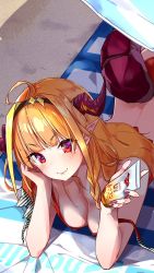 Rule 34 | 1girl, bikini, bottle, breasts, cleavage, dragon girl, dragon horns, dragon tail, hand on own cheek, hand on own face, highres, holding, holding bottle, hololive, horns, kiryu coco, looking at viewer, lotion, lying, on stomach, orange hair, pointy ears, red eyes, solo, sunscreen, swimsuit, tail, v-shaped eyebrows, virtual youtuber, yuyaiyaui
