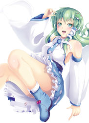 Rule 34 | 1girl, ass, blush, boots, breasts, convenient leg, detached sleeves, frog hair ornament, full body, green eyes, green hair, hair ornament, hair tubes, highres, japanese clothes, kochiya sanae, long hair, long sleeves, looking at viewer, m yumi fuwawa, matching hair/eyes, miko, most body, necktie, open mouth, shirt, sideboob, simple background, skirt, smile, snake hair ornament, solo, touhou, white background, wide sleeves, yumibakama meme