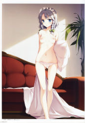 Rule 34 | 1girl, absurdres, arm behind back, bare legs, blanket, blue eyes, blush, border, bow, braid, breasts, collarbone, couch, feet out of frame, gluteal fold, green bow, hair bow, highres, holding, holding pillow, indoors, izayoi sakuya, ke-ta, looking at viewer, lowleg, maid headdress, navel, nipples, panties, parted lips, pillow, plant, scan, short hair, silver hair, small breasts, solo, standing, stomach, thighs, topless, touhou, translation request, twin braids, underwear, underwear only, white border, white panties