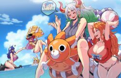 Rule 34 | 5girls, afloat, ahoge, arm tattoo, arms behind head, arms up, ass, ball, bare legs, bare shoulders, barefoot, beachball, bikini, black headwear, blonde hair, blue hair, blue sky, blush stickers, breasts, brown eyes, carrot (one piece), cleavage, closed eyes, clothes writing, cloud, cloudy sky, collarbone, drill hair, earrings, facing another, female focus, floating, from side, furry, furry female, green hair, half-closed eyes, hat, highres, holding, holding ball, holding beachball, holding umbrella, horns, huge ass, jewelry, large breasts, legs up, lewdamone, long hair, looking at another, medium hair, motion lines, multicolored hair, multiple girls, nami (one piece), ocean, one piece, oni horns, open mouth, orange eyes, orange hair, outdoors, partially submerged, perona, pink hair, pink shirt, pointing, rabbit ears, rabbit girl, red horns, shiny skin, shirt, short sleeves, side-tie bikini bottom, sidelocks, sitting, sky, sleeveless, smile, speech bubble, straddling, swimsuit, tattoo, teeth, thighs, thong bikini, thousand sunny, tongue, tongue out, top hat, ulti (one piece), umbrella, upper teeth only, water, white hair, white horns, yamato (one piece), yellow shirt