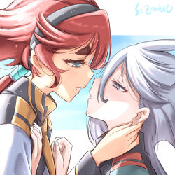 Rule 34 | aqua eyes, asticassia school uniform, black hairband, blush, border, couple, dutch angle, grey eyes, grey hair, gundam, gundam suisei no majo, hair between eyes, hairband, half-closed eyes, hand on another&#039;s chest, hand on another&#039;s neck, imminent kiss, jacket, letterboxed, long hair, low ponytail, miorine rembran, open mouth, red hair, school uniform, studiozombie, suletta mercury, thick eyebrows, white border, white jacket, yuri